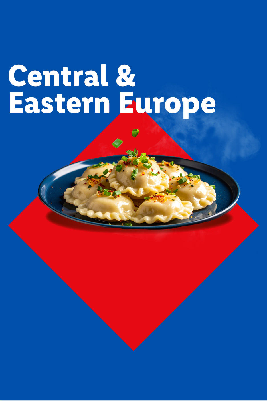 Plate of dumplings with green onions and spices, with text 'Central & Eastern Europe'.