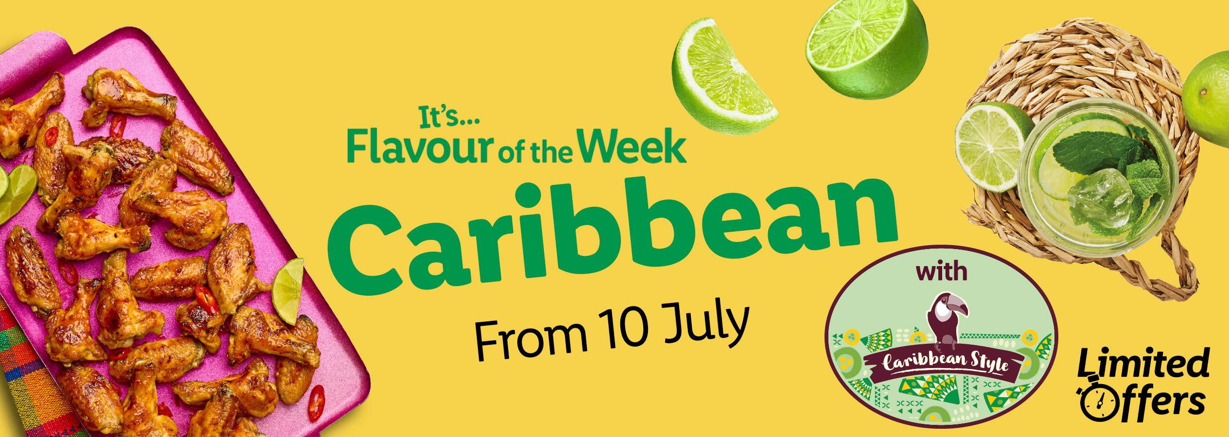 Caribbean-style chicken wings and mojito, limited-time offer starting July 10th.
