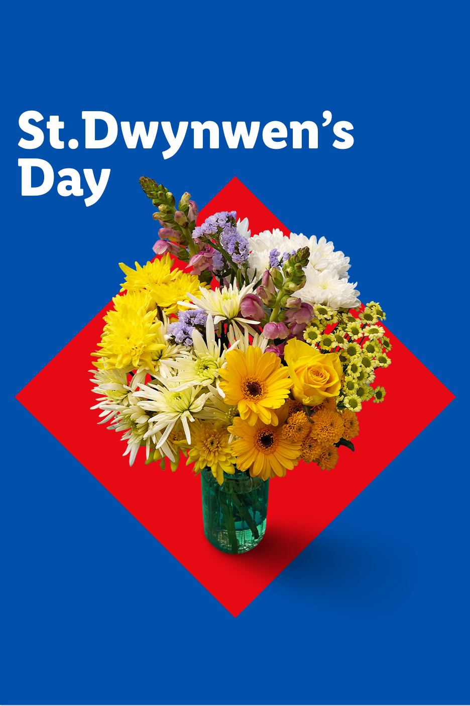 St. Dwynwen's Day text with a vibrant bouquet of yellow, white, and purple flowers in a vase.