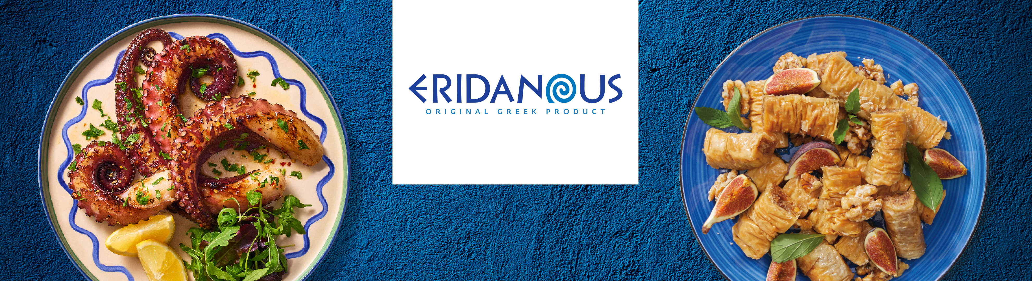 Grilled octopus with lemon and salad, and baklava with figs and walnuts, on a blue background.