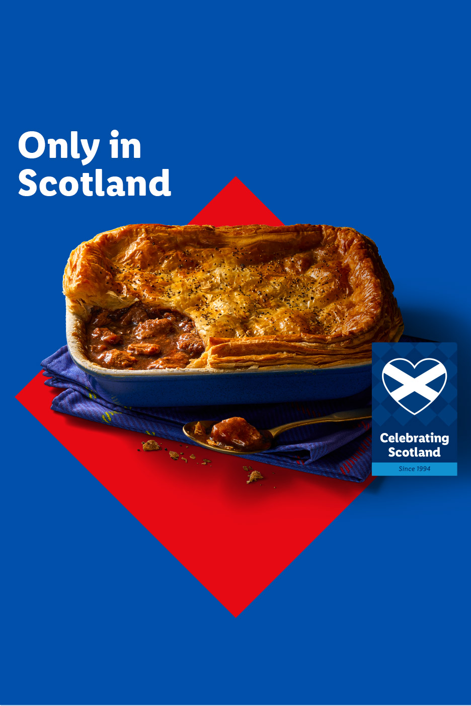 A beef stew with a golden puff pastry topping, with text 'Only in Scotland' and 'Celebrating Scotland'.