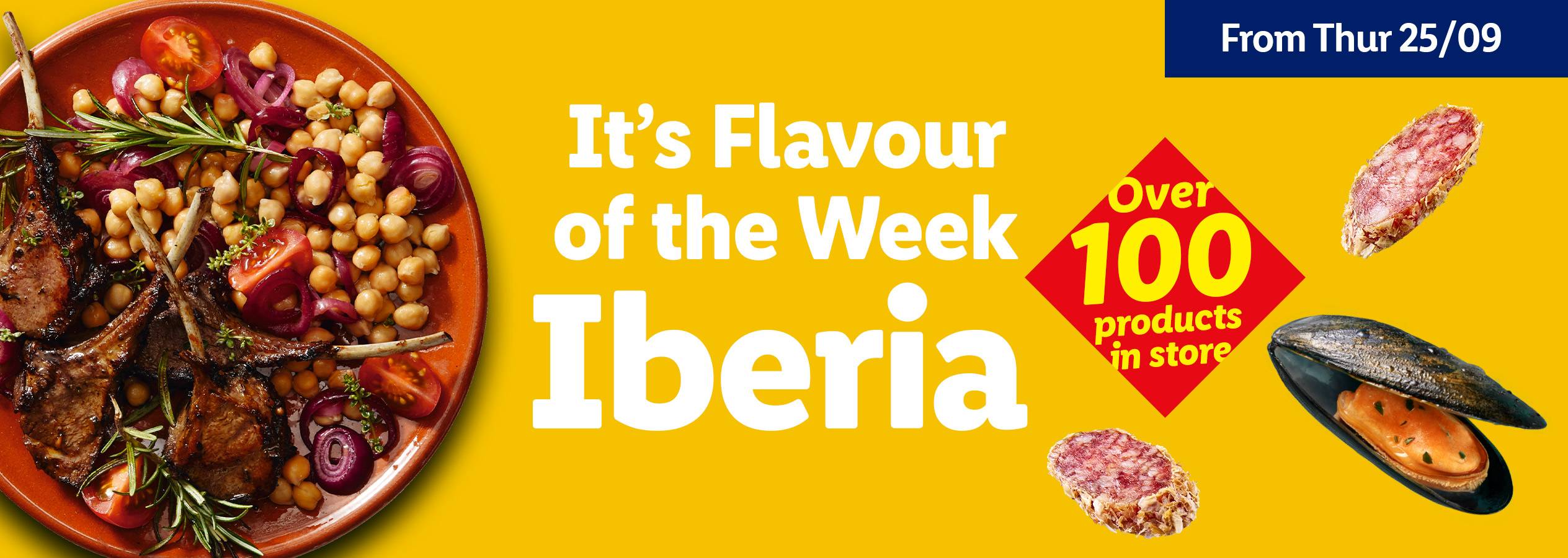 A plate of lamb chops with chickpeas and red onions, with text 'It's Flavour of the Week Iberia'.