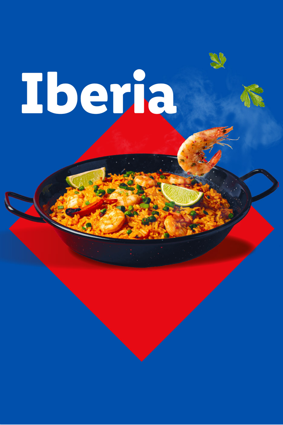 Iberia logo above a paella pan with shrimp, rice, and lime on a red and blue background.