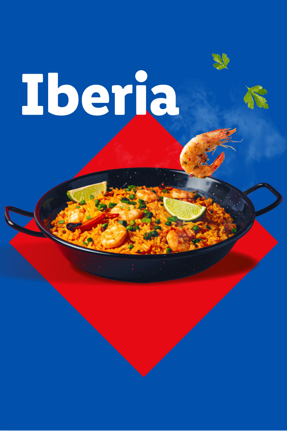 Iberia paella with shrimp and lime in a pan on a blue and red background.