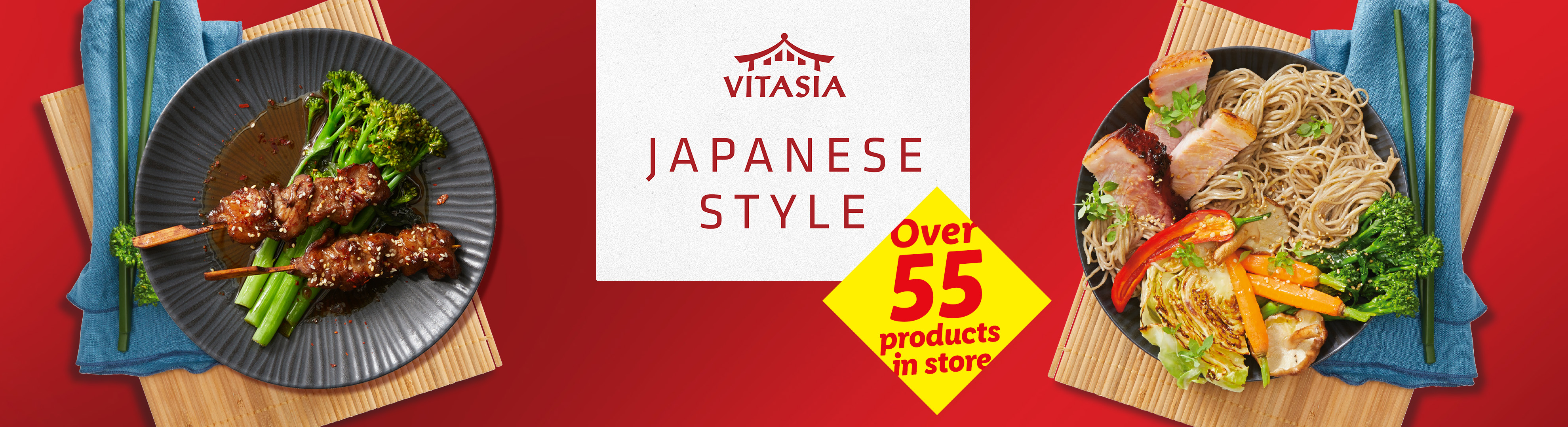Japanese style food with skewers, noodles, and vegetables, promoting over 55 products.