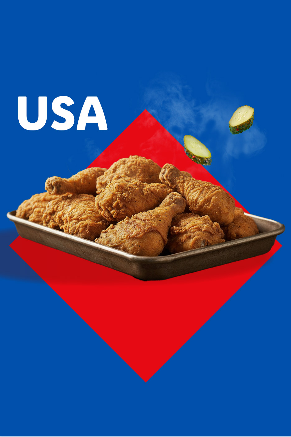Fried chicken in a tray with pickles, against a red and blue background with 'USA' text.