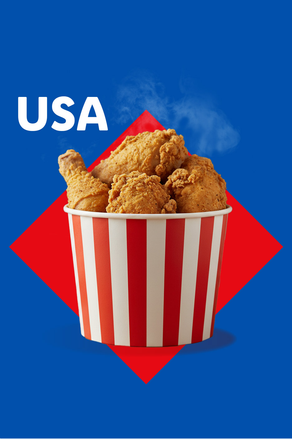USA-themed image with a bucket of fried chicken on a red diamond shape.