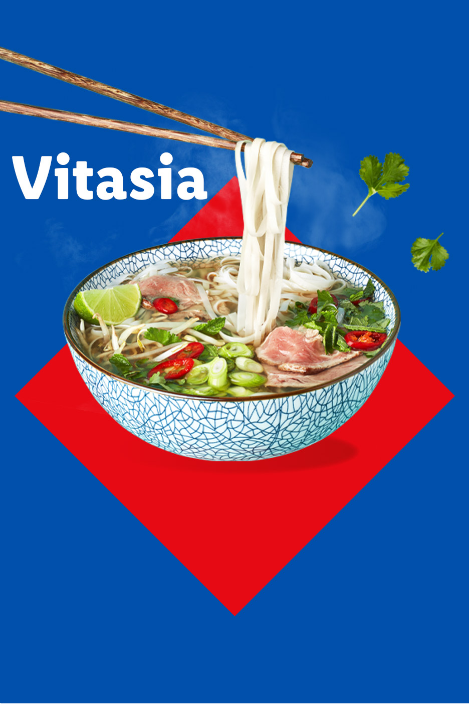 A bowl of pho with chopsticks lifting noodles, on a blue and red background with text 'Vitasia'.