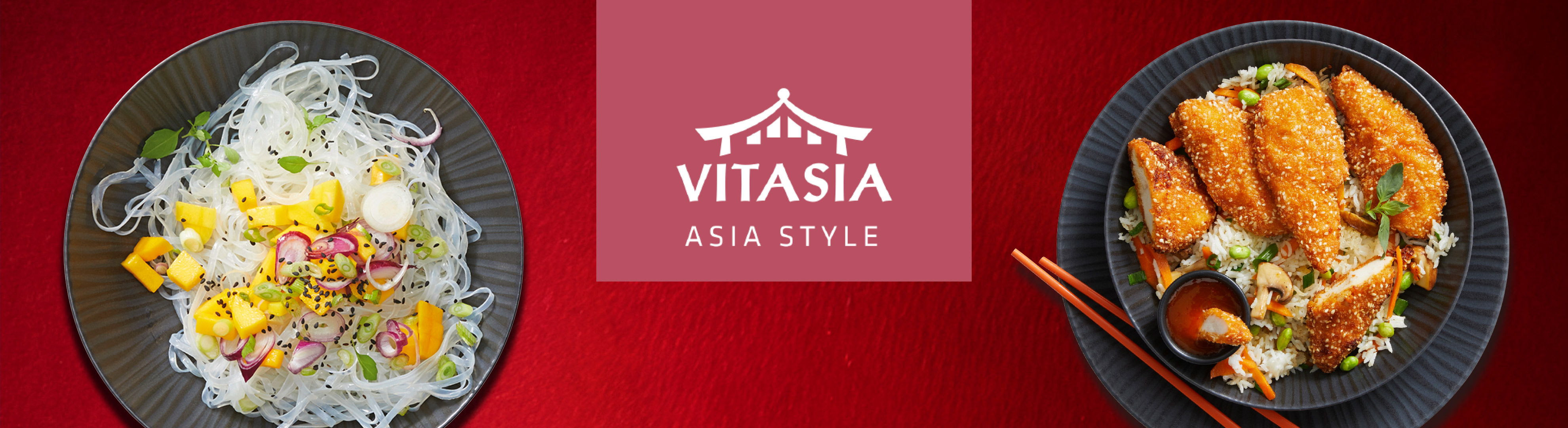 Asian-style dishes: a noodle salad with mango and a rice dish with crispy chicken.