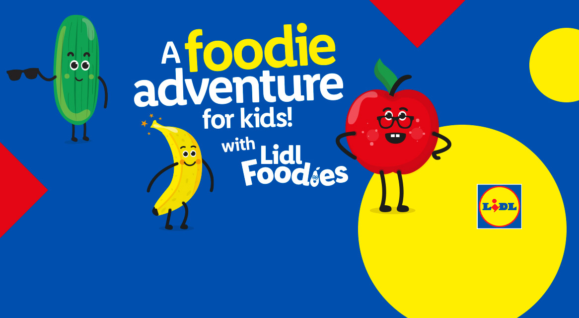 Lidl Foodies kids' food adventure featuring an apple and banana.