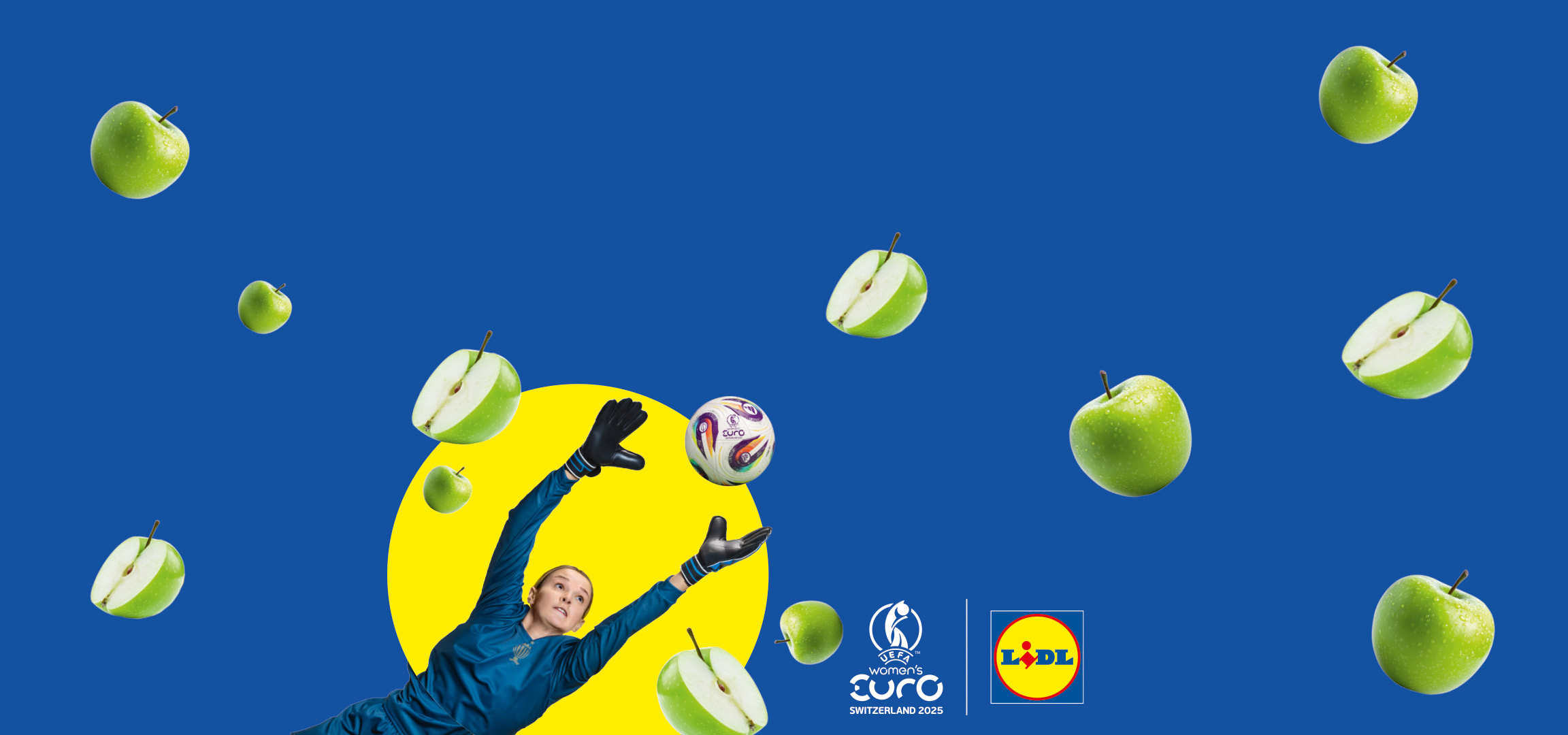 A female soccer goalie dives for the ball amidst falling apples, advertising Lidl and the UEFA Women's EURO 2025.