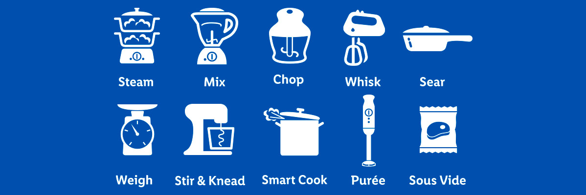 Icons representing various cooking methods and kitchen appliances like steam, mix, chop, whisk, sear, weigh, stir & knead, smart cook, purée, and sous vide.