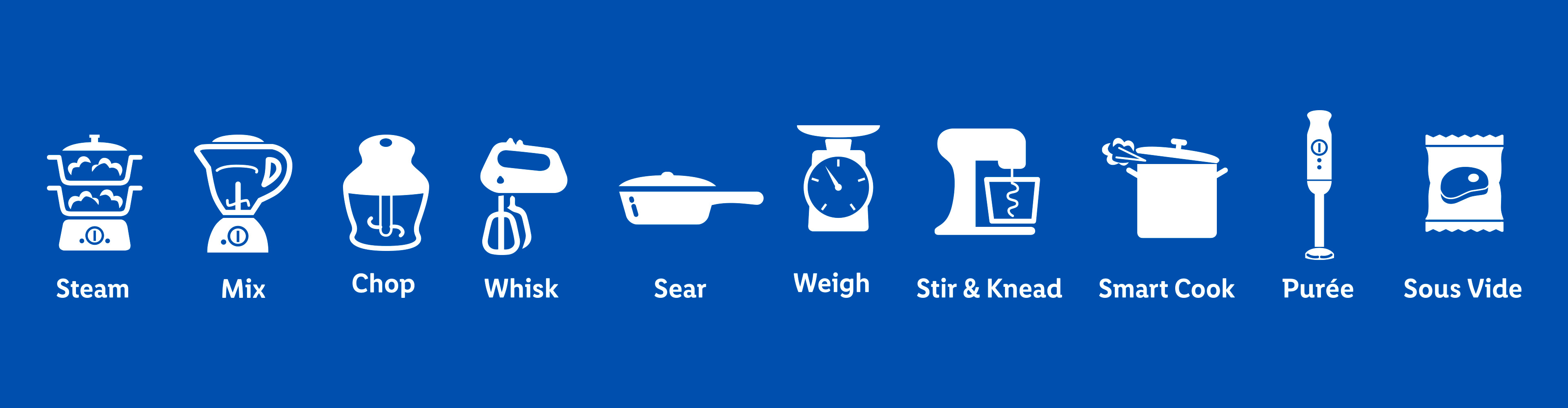 Icons representing various cooking methods and kitchen appliances like steam, mix, chop, whisk, sear, weigh, stir & knead, smart cook, purée, and sous vide.