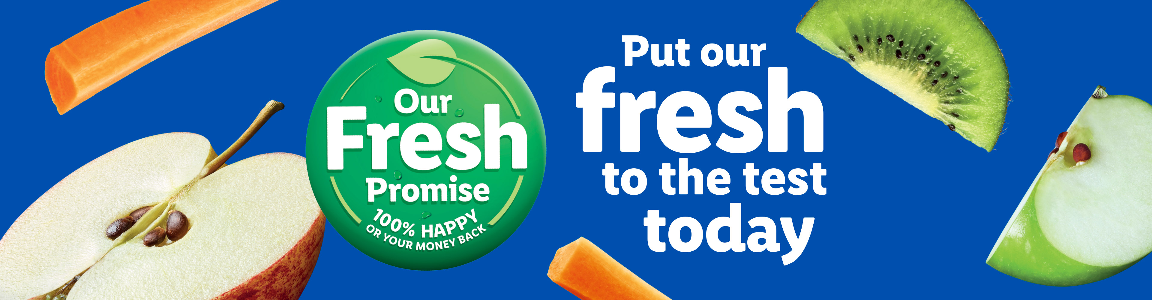 A blue background with fresh produce like carrots, apples, and kiwi, and text about a 'Fresh Promise'.