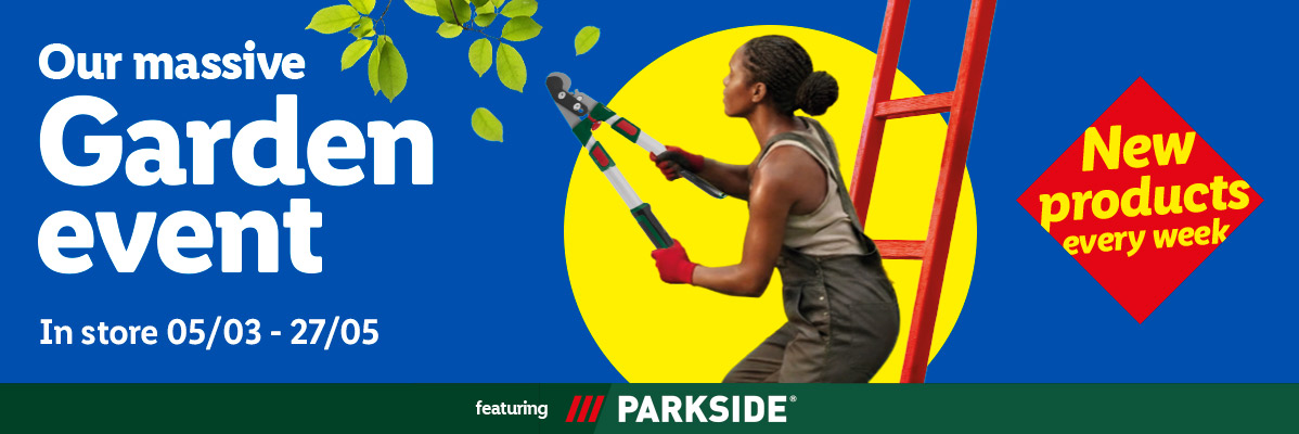 Woman pruning with large shears, red ladder, and text about a massive garden event.