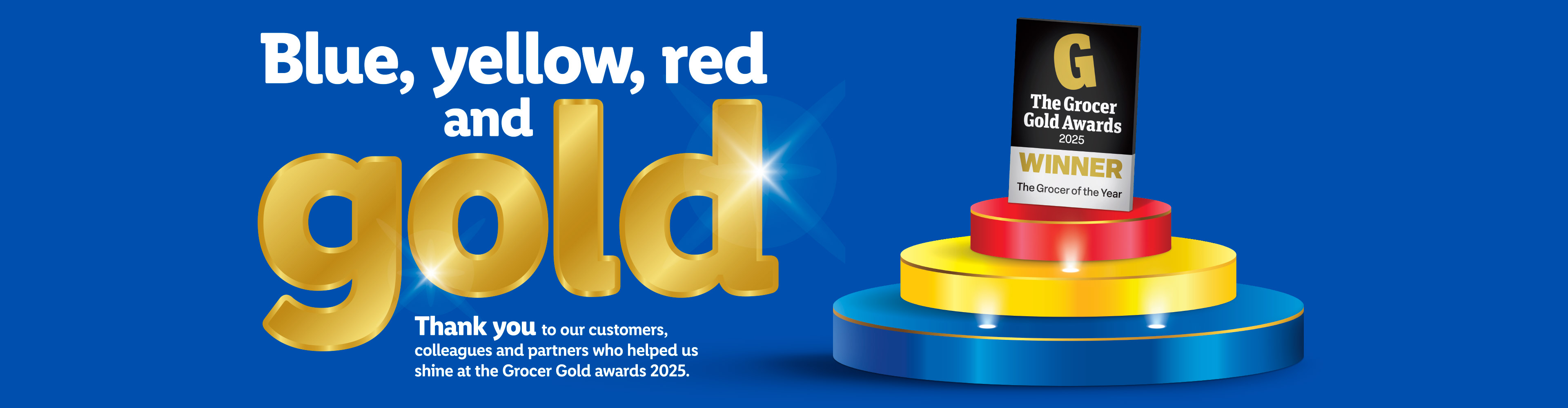 The Grocer Gold Awards 2025 Winner celebrating with blue, yellow, red and gold theme.