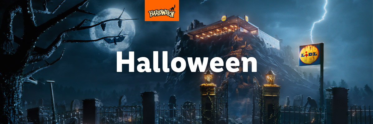 Lidl Halloween banner with a spooky castle, graveyard, and bats under a full moon.