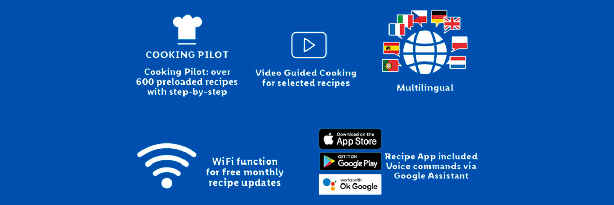 Cooking Pilot features, including recipes, video guides, multilingual support, WiFi updates, and app integration.
