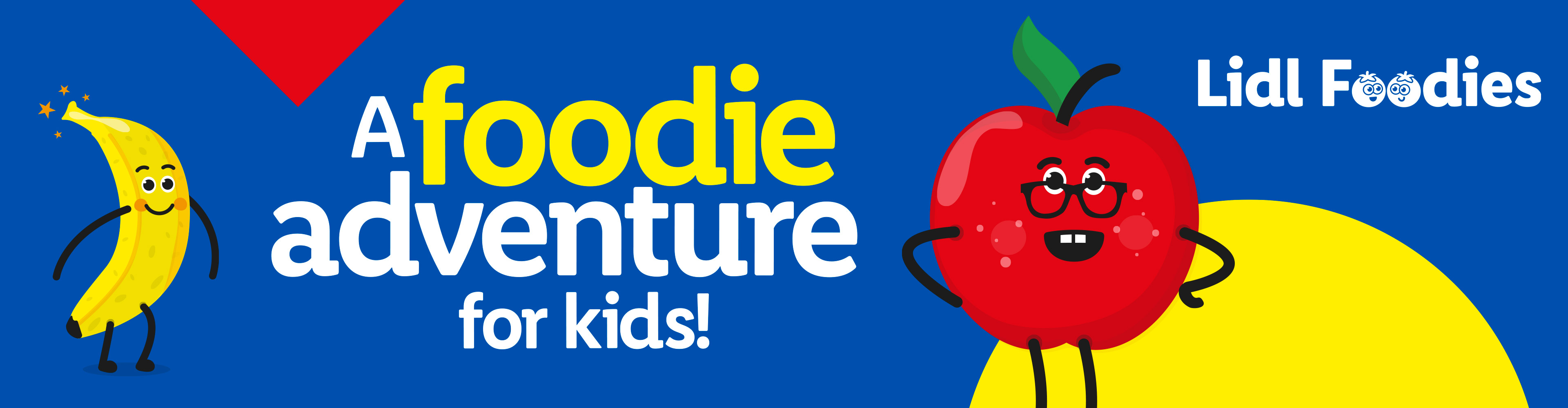Cartoon banana and apple characters with text: 'A foodie adventure for kids!' and 'Foodies' logo.