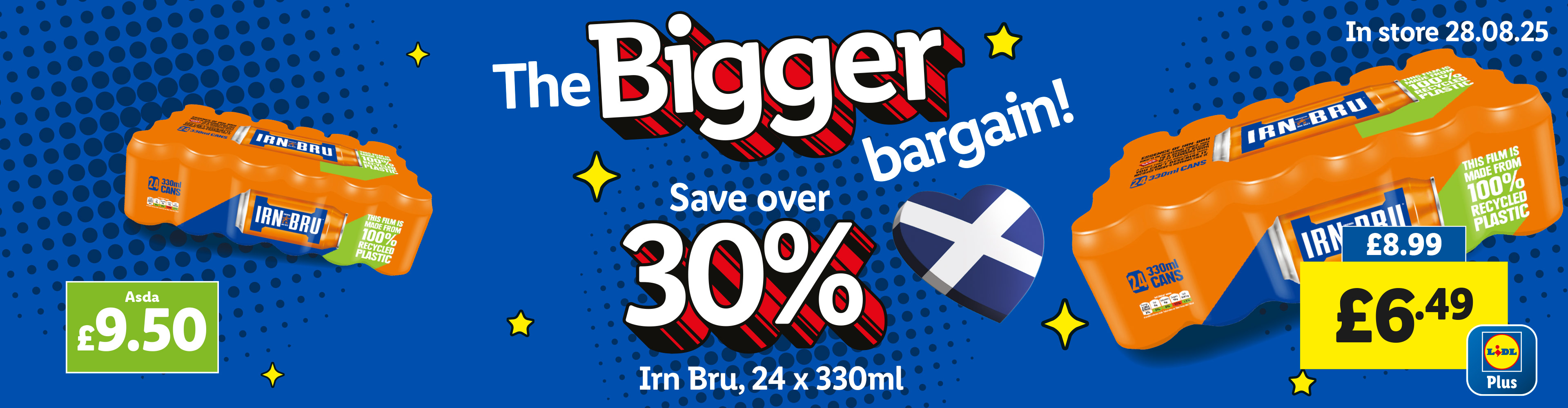 An advertisement for Irn Bru, comparing prices between Asda and Lidl, highlighting a 30% saving.