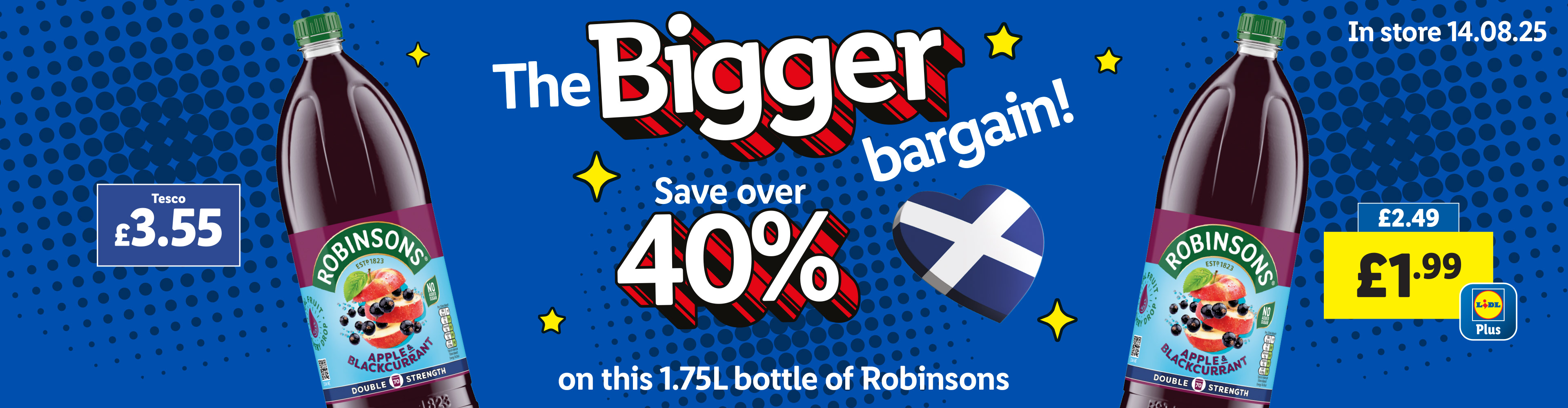 An advertisement comparing the price of a 1.75L bottle of Robinsons Apple & Blackcurrant squash at Tesco (£3.55) versus Lidl (£1.99), highlighting a saving of over 40% at Lidl.