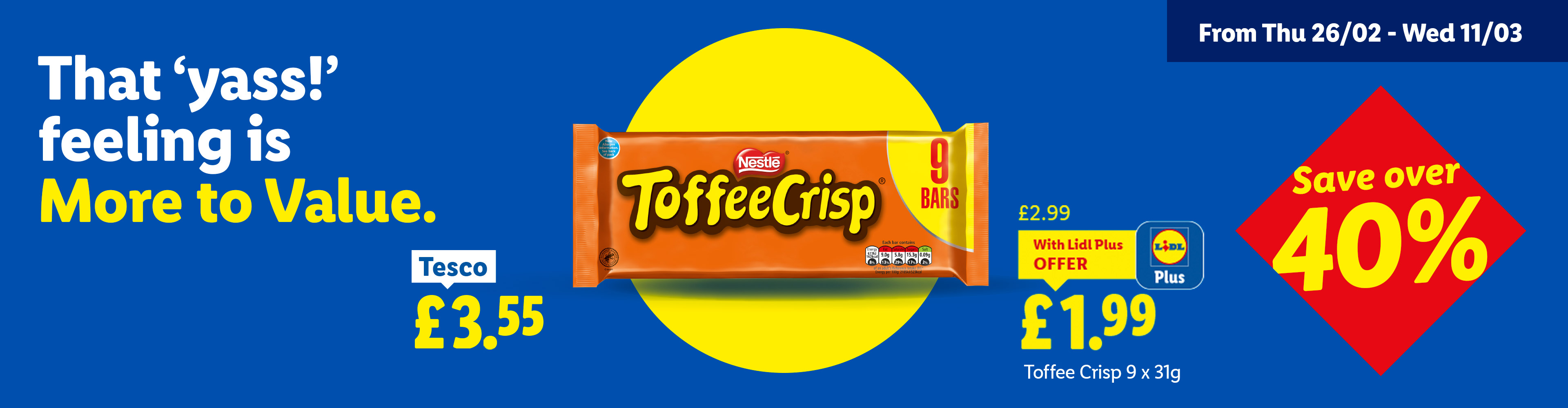 A chocolate bar multipack is advertised with a significant discount, comparing prices between two stores.