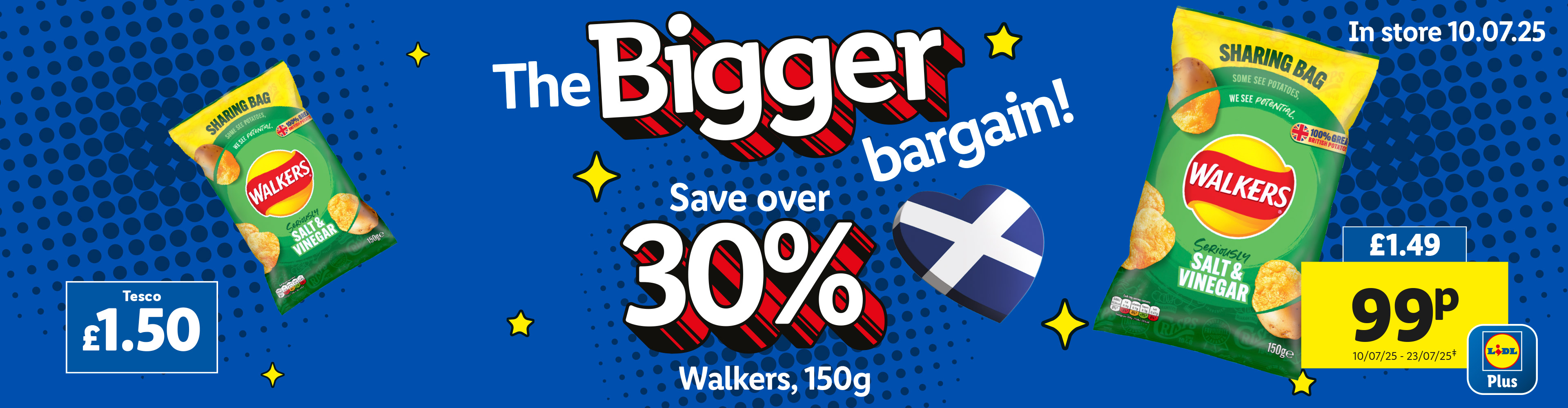 Lidl Plus offer: Save over 30% on 150g Walkers Salt & Vinegar crisps.