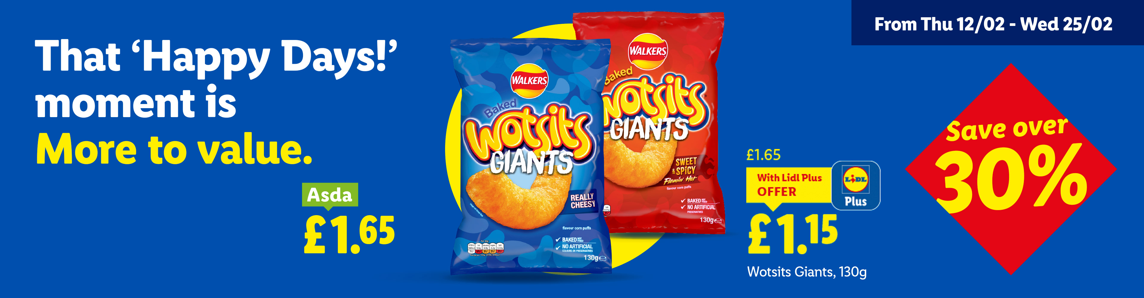 Two bags of cheese puffs, one blue and one red, with a price comparison showing savings over 30%.
