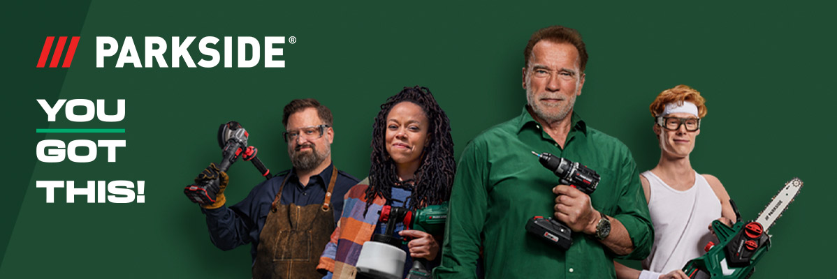 Parkside tools: drill, grinder, chainsaw.