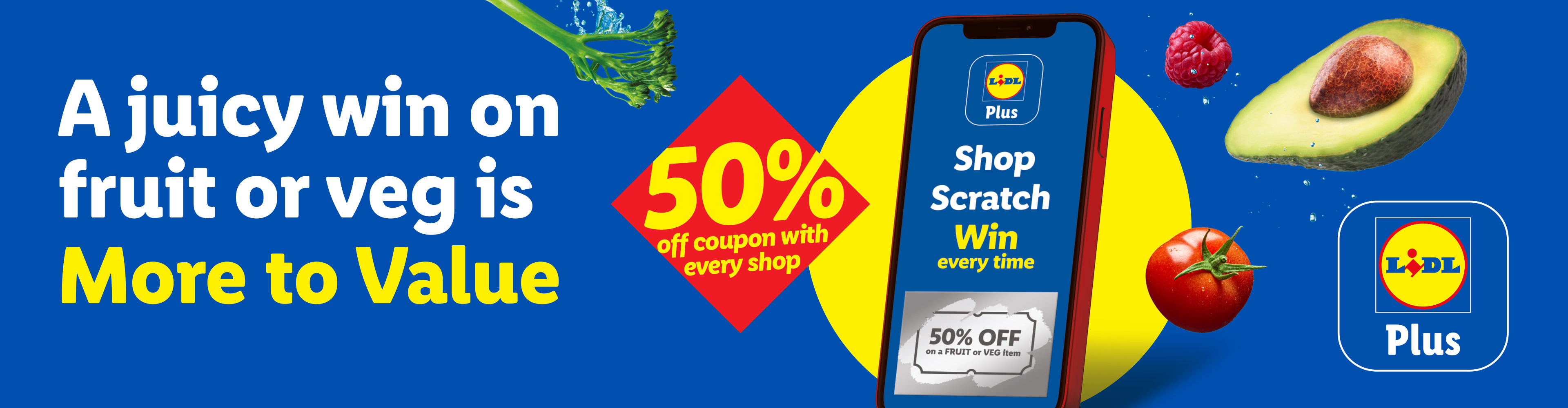 A banner promoting 50% off fruit or veg with every shop, featuring a phone displaying the offer.