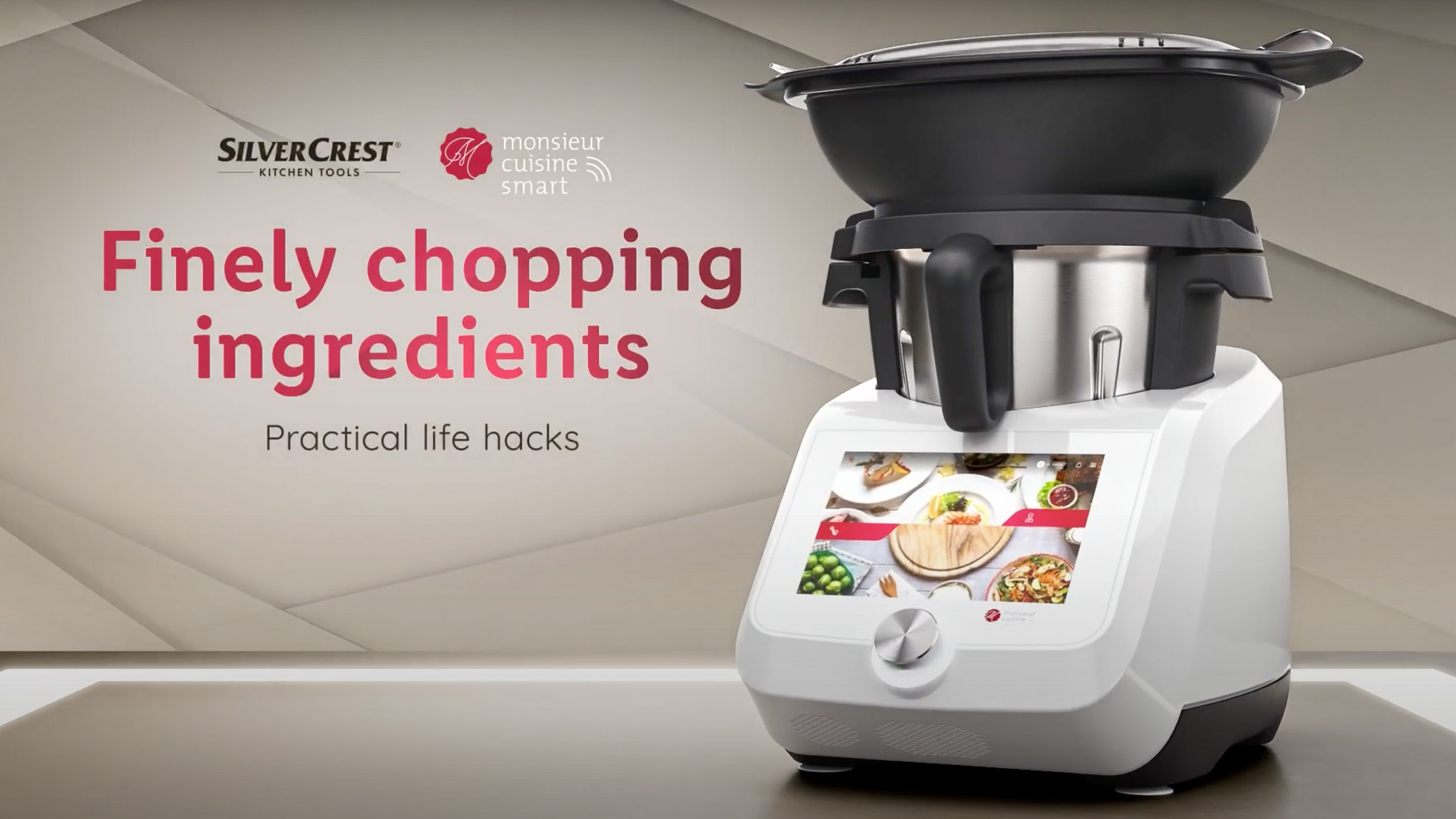 A SilverCrest Monsieur Cuisine Smart kitchen appliance with a screen displaying food images.