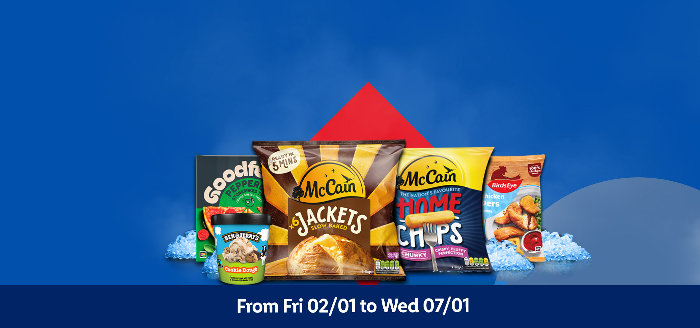 Goodfella's pizza, McCain Jackets, Cadbury Dairy Milk ice creams, Linda McCartney burgers, and Birds Eye chicken dippers.