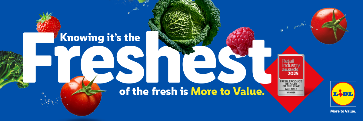 Fresh produce banner with strawberries, cabbage, raspberries, broccoli, and tomatoes, highlighting 'Freshest of the fresh is More to Value' and a 'Fresh Produce Retailer of the Year' award.