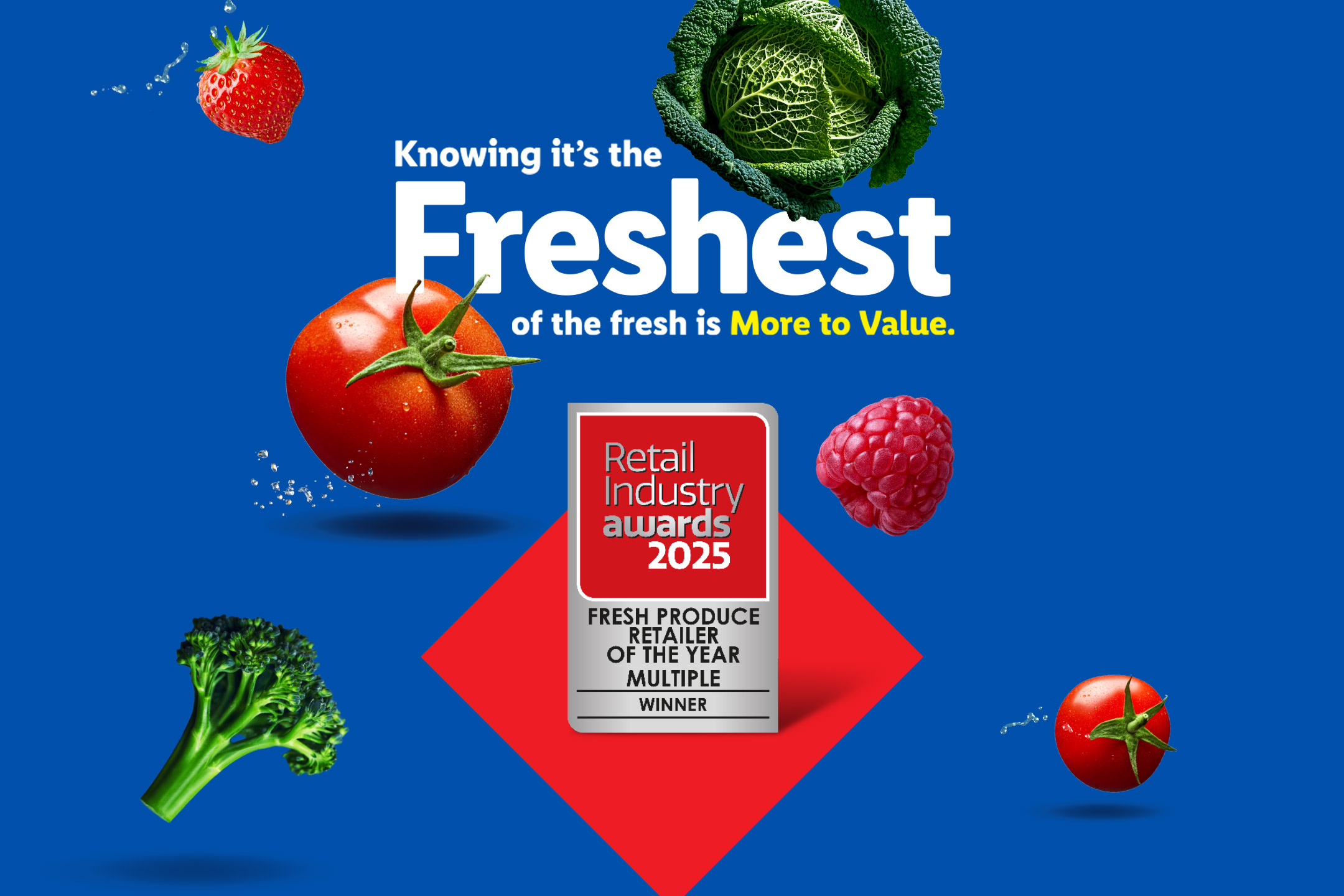 Fresh produce including strawberries, tomatoes, cabbage, broccoli, and raspberries, with an award for 'Fresh Produce Retailer of the Year'.