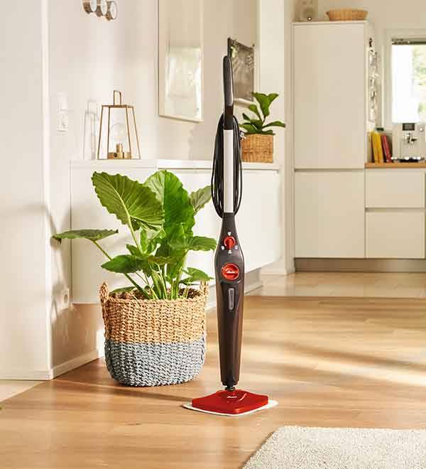 A Karcher steam cleaner stands on a hardwood floor next to a plant in a woven basket.
