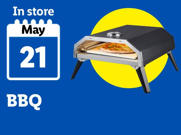 Pizza oven with a pizza inside, next to a calendar showing 'May 21' and 'BBQ' text.