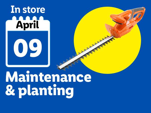Orange hedge trimmer on a yellow circle, with a calendar showing April 9 and text 'Maintenance & planting'.