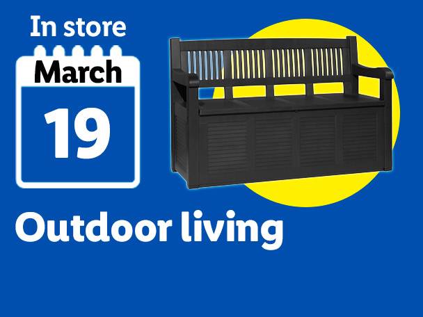 Outdoor living storage bench available in store March 19th.