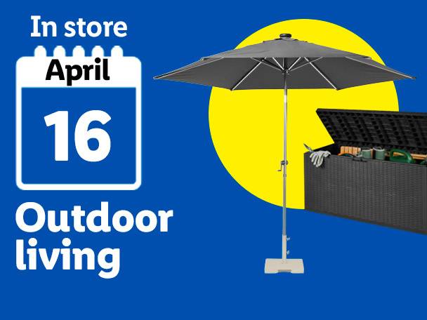 Outdoor living products available April 16th, featuring a patio umbrella and storage box.