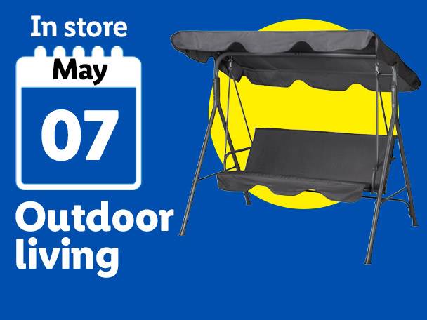 Outdoor living event on May 7th, featuring a black garden swing chair against a yellow circle.