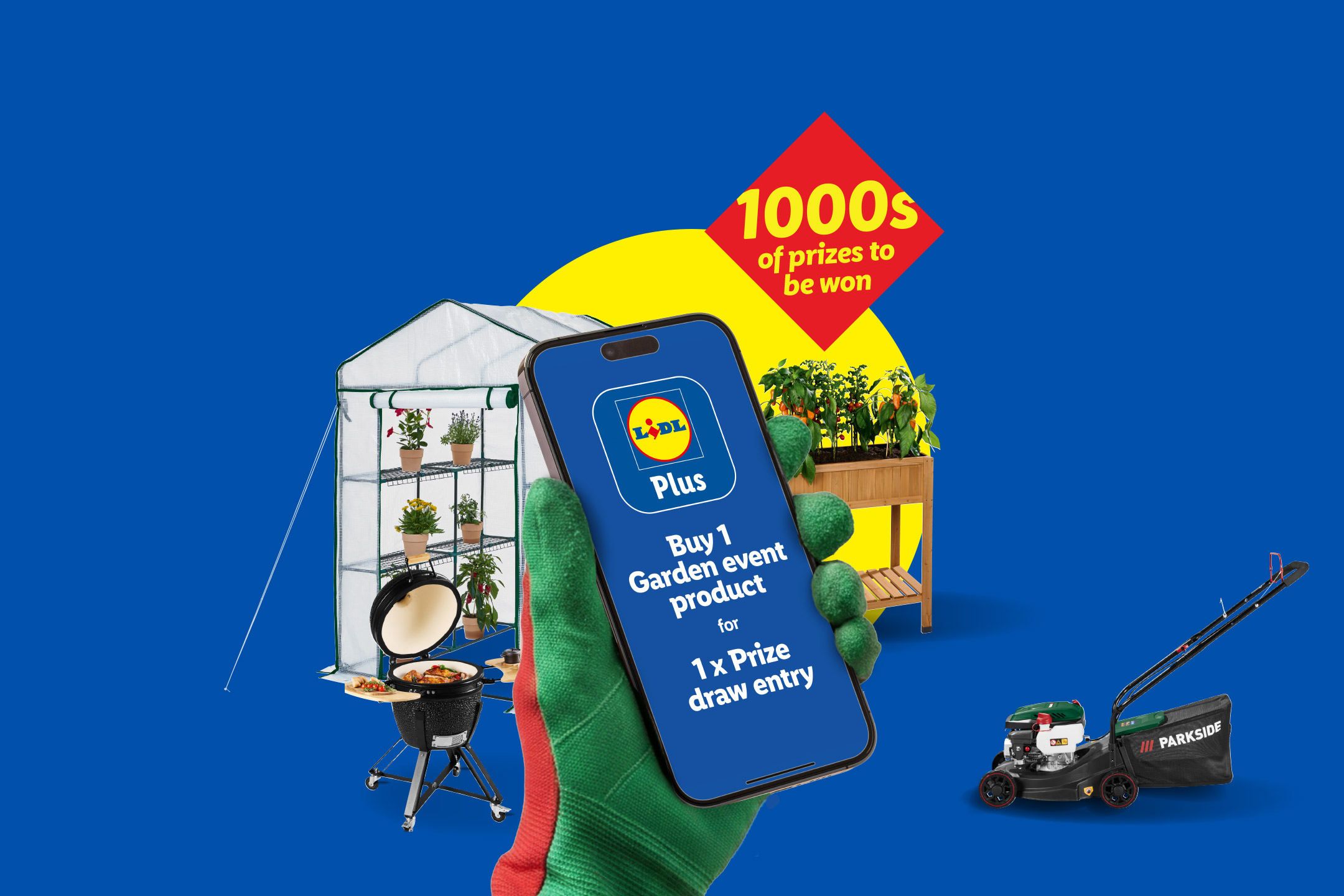 A hand holding a smartphone with a garden event product promotion, surrounded by gardening items like a greenhouse, raised planter, grill, and lawnmower, with text '1000s of prizes to be won'.