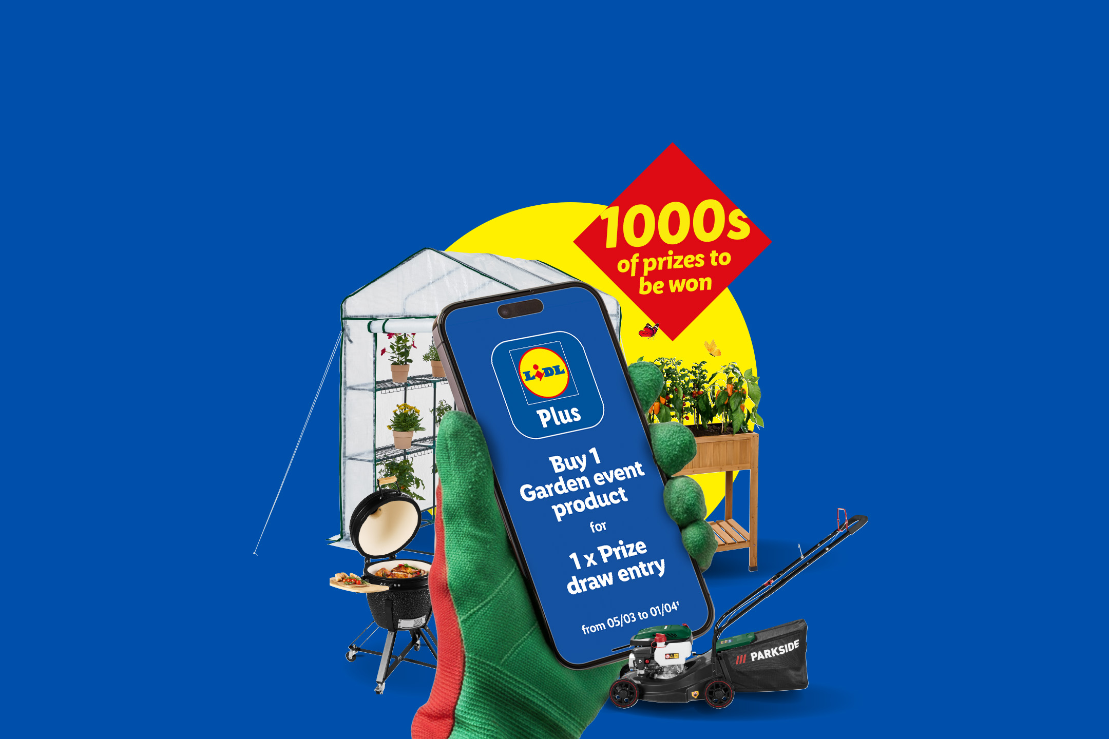 A hand holding a smartphone with a garden event promotion, surrounded by gardening products like a greenhouse, grill, and lawnmower, with text indicating '1000s of prizes to be won'.