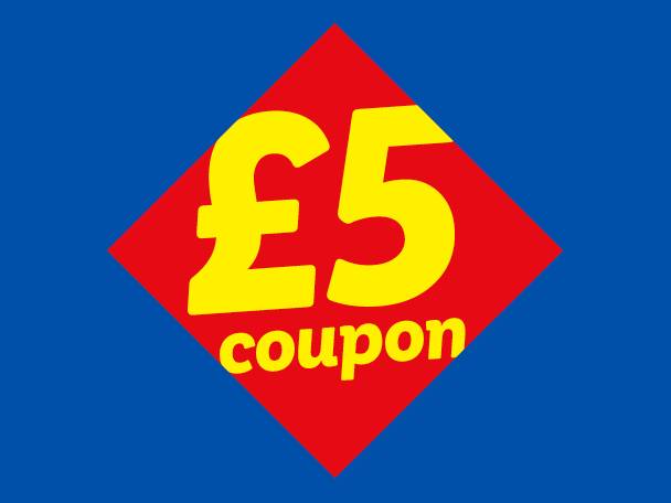 A red diamond with a yellow £5 coupon text, set against a blue background.