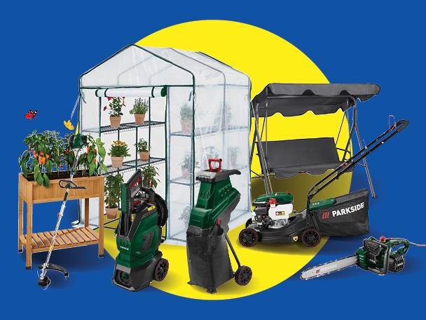 Garden tools and equipment including a greenhouse, lawnmower, pressure washer, and garden swing.