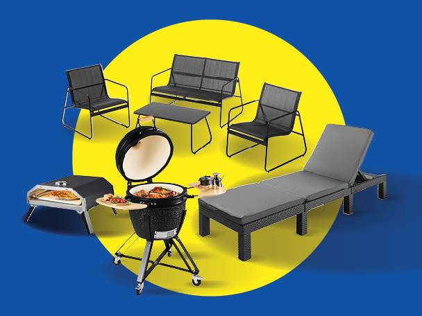 Outdoor furniture set with chairs, sun lounger, pizza oven, and barbecue grill.