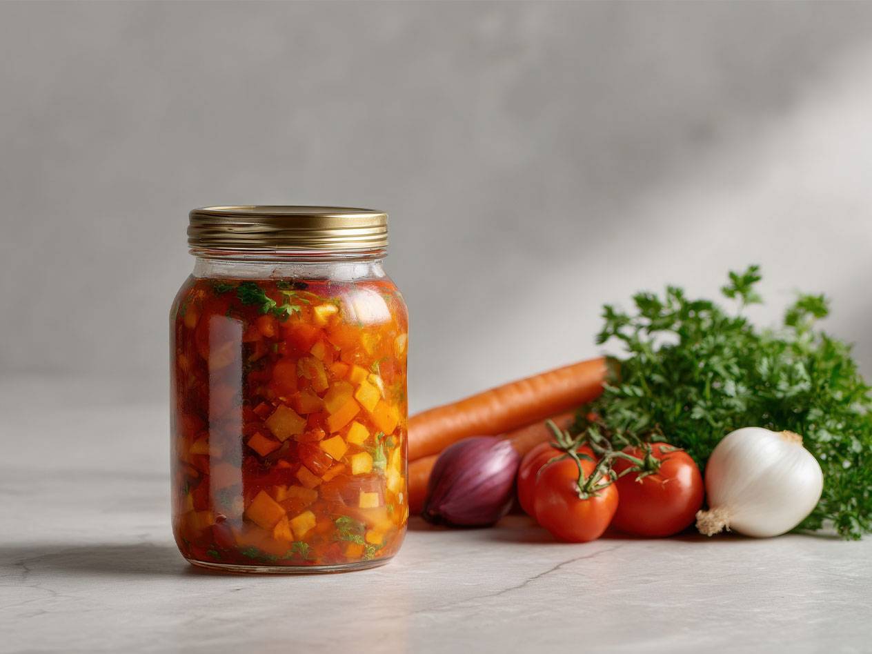Jar of diced vegetables, with fresh carrots, tomatoes, onions, and parsley.