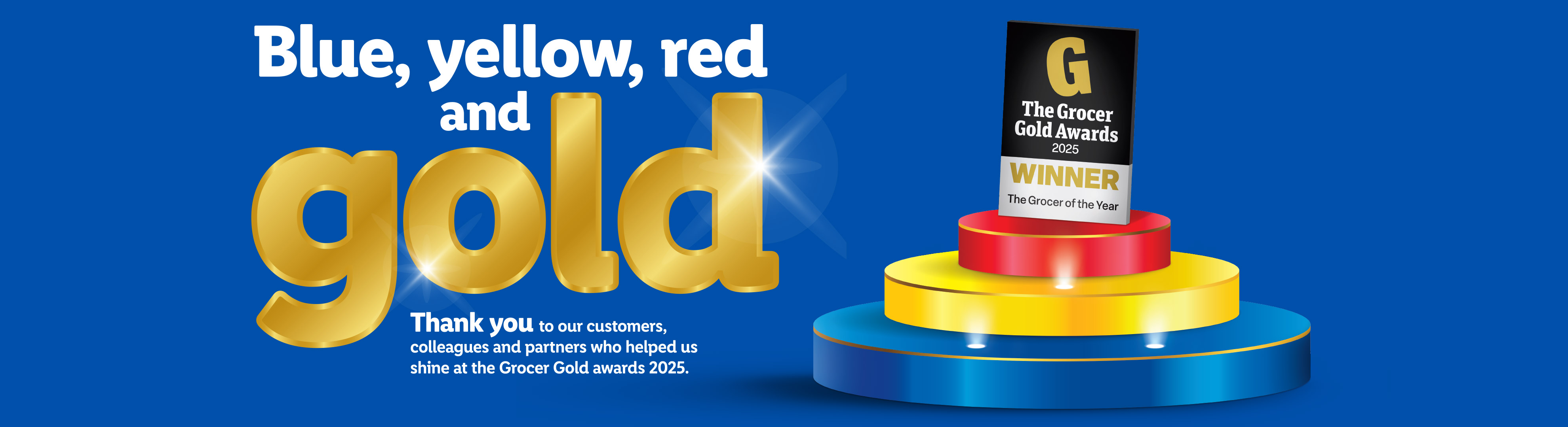 The Grocer Gold Awards 2025 Winner: Celebrating success with blue, yellow, red, and gold.