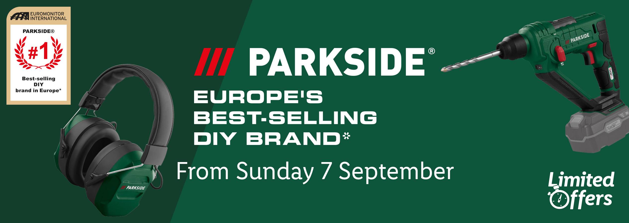 Parkside power tools and accessories, including a drill and headphones, promoting the brand as Europe's best-selling DIY brand.