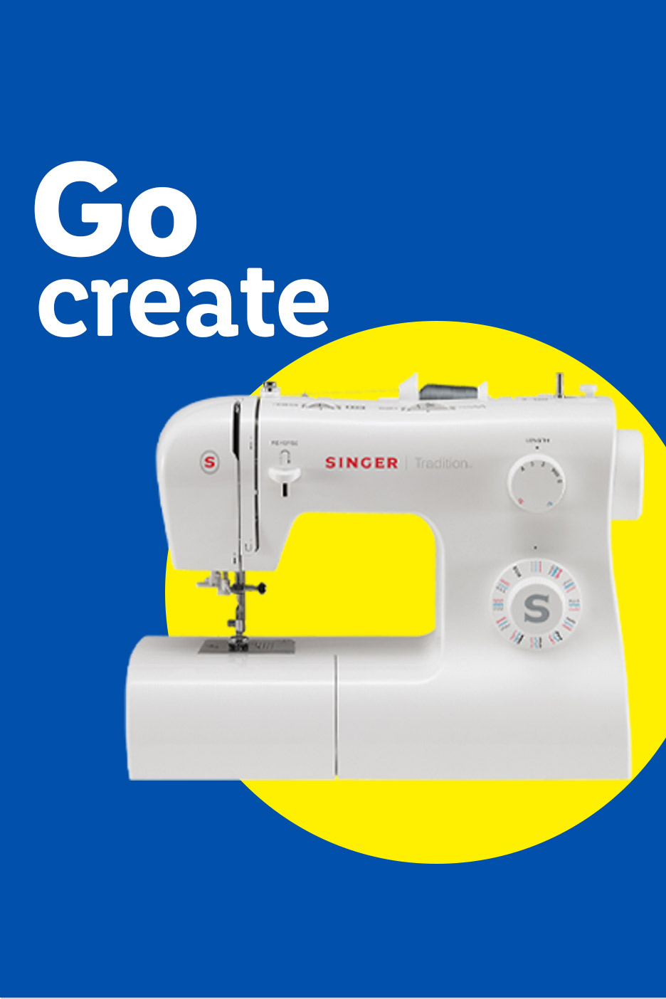 White Singer Tradition sewing machine on a blue and yellow background with text 'Go create'