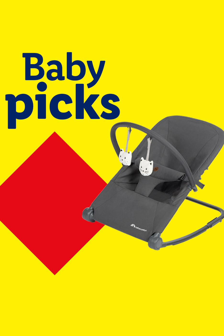 Baby picks: a grey baby bouncer with hanging toys on a yellow and red background.